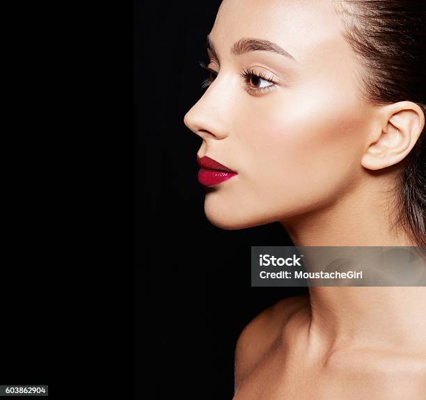 Beautiful Woman Profile Isolated On Black Background Cosmetic Makeup Image Stock Photo - Download Image Now
