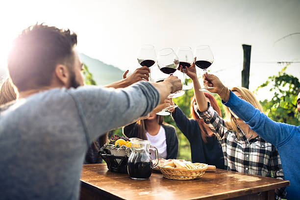 istock friends toasting with red wine after the harvesting 603863946