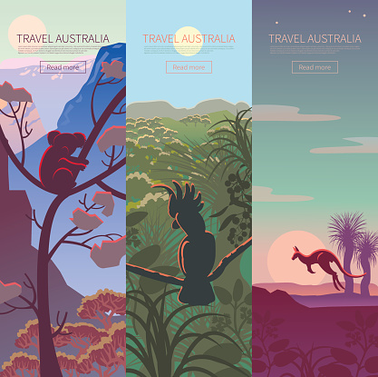 Set of Australian travel posters. Every  element is located on a separate layer. Images is cropped with Clipping Mask. Easy to edit