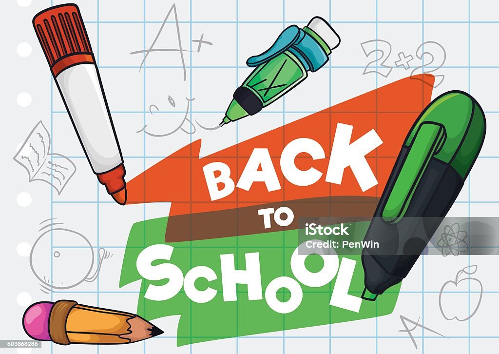 Cute Kid's Drawing in a Paper for Back to School Cute kid's drawings and doodles in a paper with a pencil and markers to Back to School season. Back to School stock vector