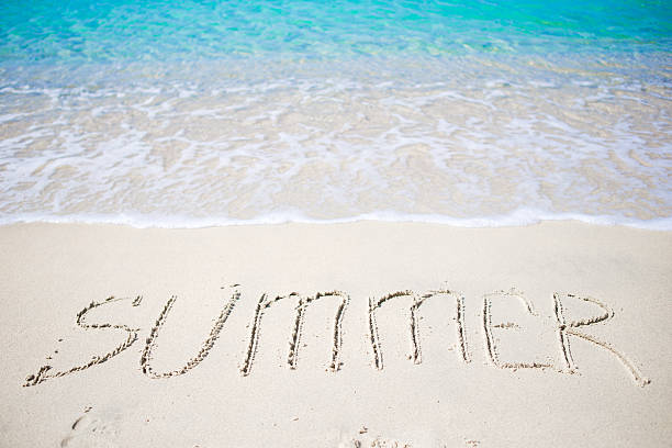 istock Word Summer handwritten on sandy beach with soft ocean wave 603871456