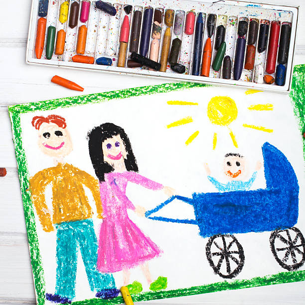 istock Colorful drawing: Happy parents with a baby in a stroller 603881432