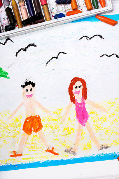 istock Colorful drawing: happy couple on the beach 603889730