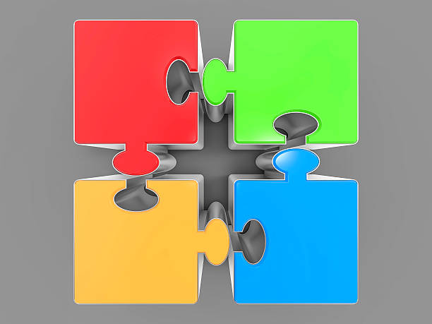 3d isolierte puzzle-stücke. business teamwork progress concept - puzzle part of gold jigsaw piece stock-fotos und bilder