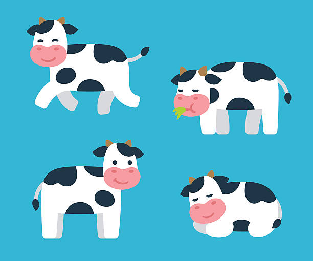 Cartoon Cow set Cute cartoon isolated cow illustrations set. Standing, running, sleeping and eating grass. Adorable vector art. herd of cows stock illustrations
