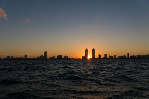Miami at sunset with a backlit silhouette of the buildings near the shore. 