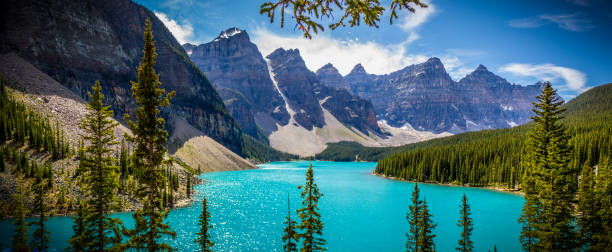 Moraine Lake, Banff Alberta A breath taking view of Moraine Lake in the Banff Alberta national park.  The water has a most unique color of turquoise, adding to it are the clouds, mountains and glaciers.  moraine lake stock pictures, royalty-free photos & images