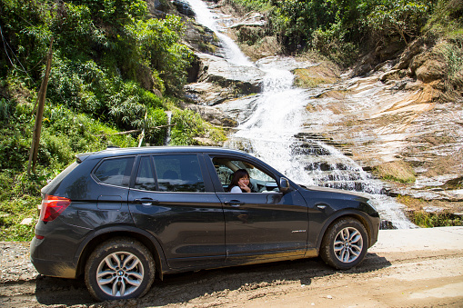 Laocai, Vietnam - May 28, 2016: BMW X3 xDrive28i car on the test road in test drive, mountain area Vietnam.