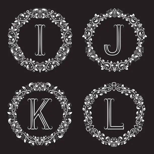 Vector illustration of I, J, K, L white letters in floral frames.
