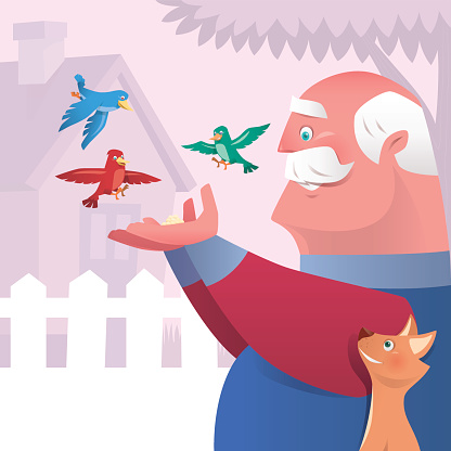 vector illustration of old man feeding birds… 