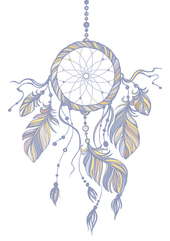 Dream catcher, traditional native american indian symbol. Feathers and beads on white background. Hand drawn vector illustration. Pastel colors.