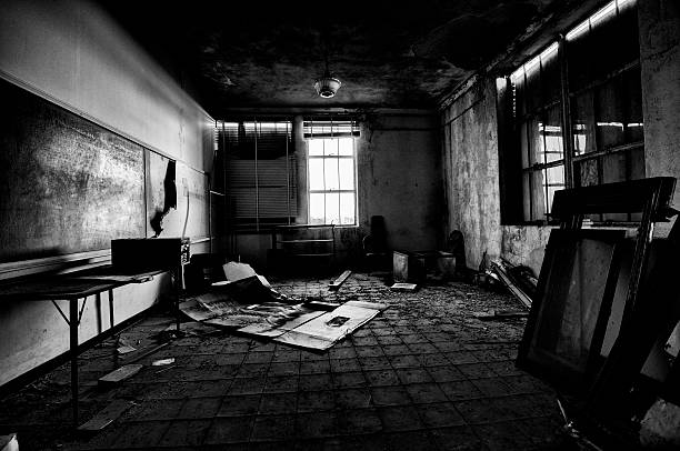 istock Small Abandoned School Room with Chalk Board 603912362