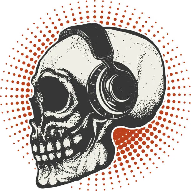 Vector illustration of Hand drawn human Skull in headphones.  Design element for