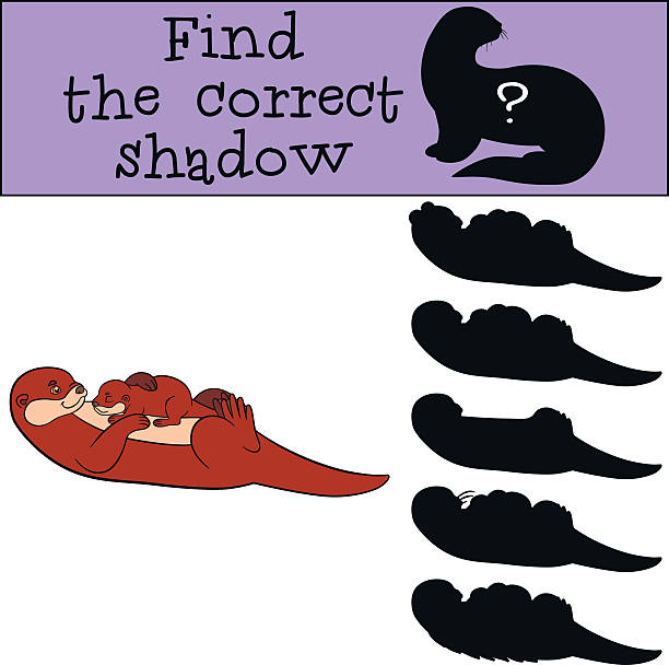 Educational game: Find the correct shadow. Mother otter with bab Educational game: Find the correct shadow. Mother otter swims with her little cute baby and smiles. puzzle silhouettes stock illustrations