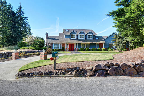 istock American house exterior with blue and white trim. 603985580