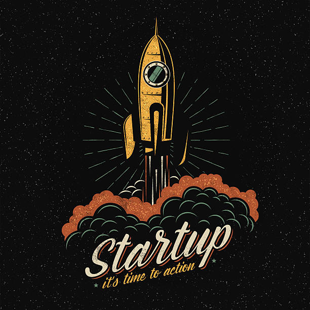 lifts off rocket Colored lifts off rocket startup symbol in vintage retro style. Spaceship flies away into space. Textures and background on separate layers. rocketship patterns stock illustrations