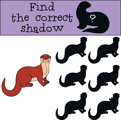 Educational game: Find the correct shadow. Little cute otter stands and smiles.