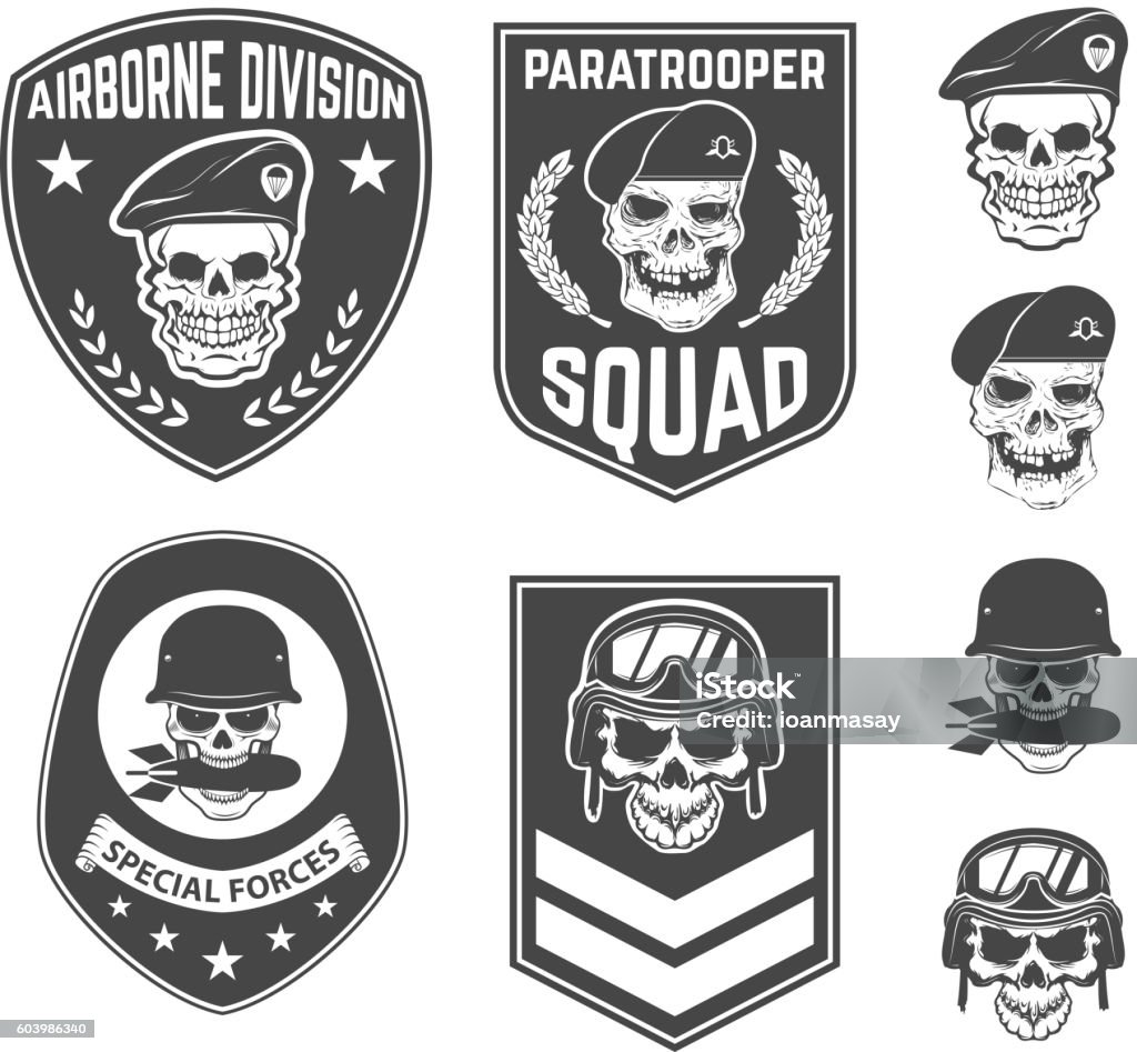 Set of military emblems and design elements. Set of military emblems and design elements. Skulls with military headdresses. paratrooper. Airborne division. Design elements for emblem, badge, label. Distraught stock vector Set of military emblems and design elements. Set of military emblems and design elements. Skulls with military headdresses. paratrooper. Airborne division. Design elements for emblem, badge, label. Distraught stock vector