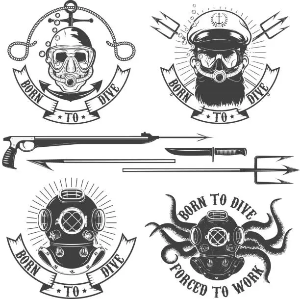 Vector illustration of Set of diver emblems. Diving club or school emblem template.