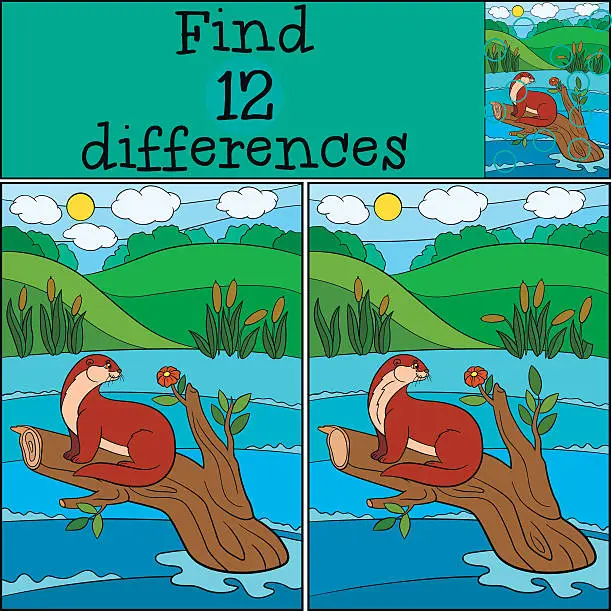 Vector illustration of Educational game: Find differences. Little cute otter smiles.