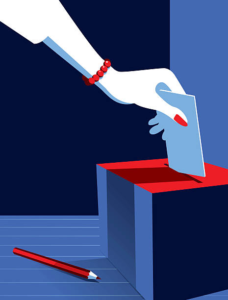 Business Woman Voting at the Ballot Box Vote Now! A stylized vector cartoon of a woman's hand posting at a vote in a ballot box with a pencil in the foreground, the style is  simple and reminiscent of an old screen print poster and suggesting, democracy, choice, election, voting or decisions. Hand, Box, pencil, ballot box, and background are on different layers for easy editing. Please note: clipping paths have been used. NOTE FOR INSPECTOR: this file has been stuck approved but has been  stuck “ This file is in publishing” if this file gets through I will then delete the in publishing file if and when it is released. president illustrations stock illustrations