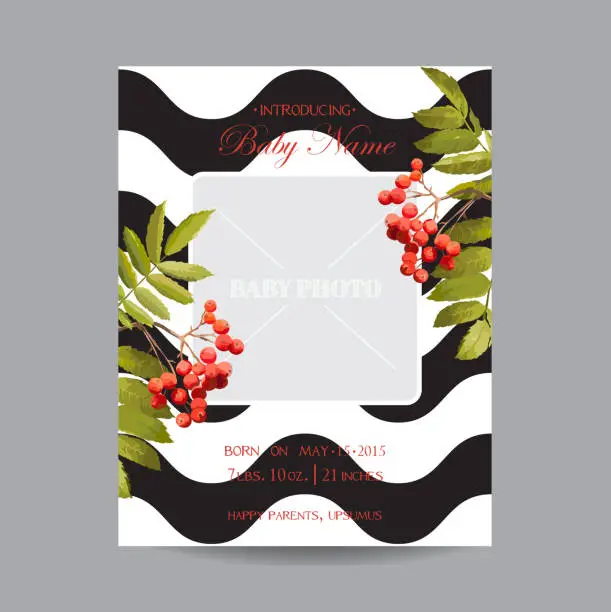 Vector illustration of Baby Arrival Card with Photo Frame - Autumn Floral Theme