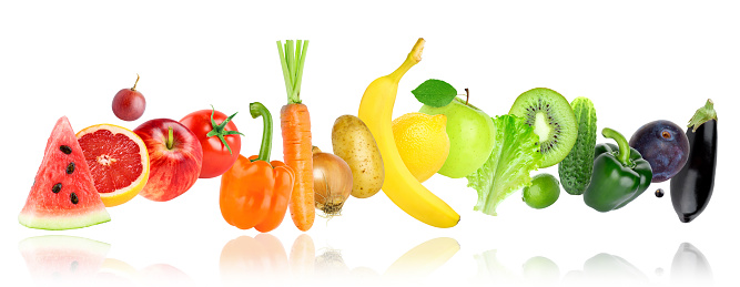 Fruits and vegetables on white background. Healthy food concept