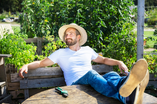 man resting on wooden bench against plants in yard