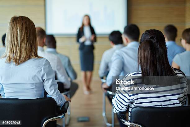 Lecture For Business People Stock Photo - Download Image Now - Education Training Class, Women, Public Speaker