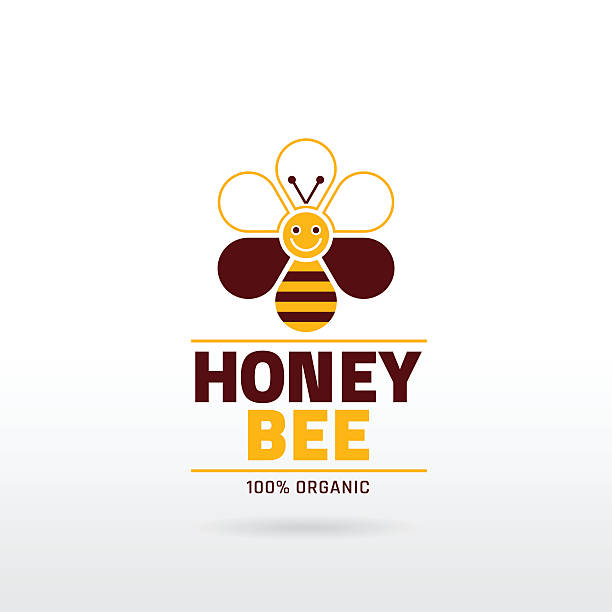 ikona miodu pszczelego z kreskówkową pszczołą miodną, napisem tekstowym, kwiatkiem. - bee honey bee single flower honey stock illustrations