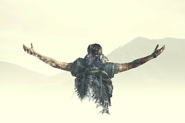 Double exposure man reach the top of the mountain Double exposure man reach the top of the mountain clambering photos stock pictures, royalty-free photos & images