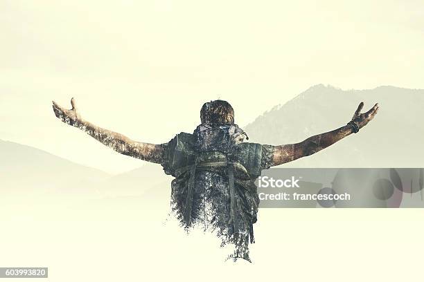 Double Exposure Man Reach The Top Of The Mountain Stock Photo - Download Image Now - Men, Nature, Multiple Exposure