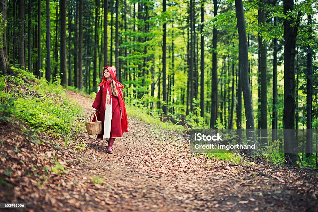 Little Red Riding Hood walking through the forest Little Red Riding Hood walking through the forest. The little girl is aged 8 and is smiling. She is wearing a red cape with hood, red dress and red boots. She is carrying a large basket. Little Red Riding Hood Stock Photo