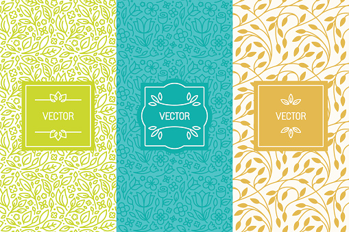 Vector set of packaging design templates, seamless patterns and frames with copy space for text for cosmetics, beauty products, organic and healthy food with green leaves and flowers - modern style ornaments and backgrounds