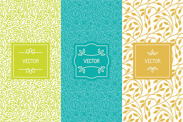 Vector set of packaging design templates Vector set of packaging design templates, seamless patterns and frames with copy space for text for cosmetics, beauty products, organic and healthy food with green leaves and flowers - modern style ornaments and backgrounds floral patterns stock illustrations