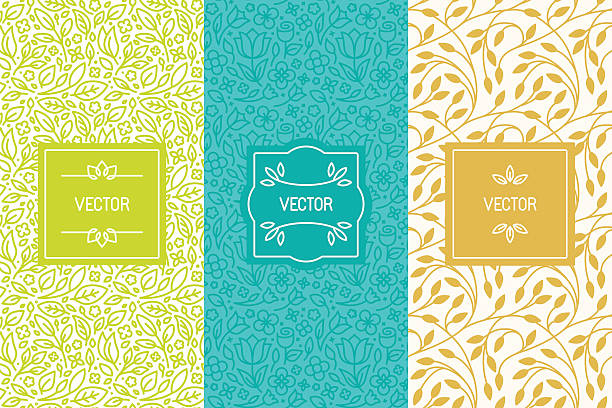 Vector set of packaging design templates Vector set of packaging design templates, seamless patterns and frames with copy space for text for cosmetics, beauty products, organic and healthy food with green leaves and flowers - modern style ornaments and backgrounds leaves backgrounds stock illustrations