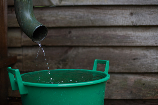 Rainwater, Pouring, Gutter, Collectiong, Reservoir