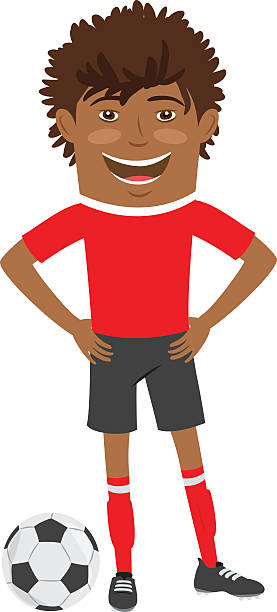 ilustraciones, imágenes clip art, dibujos animados e iconos de stock de divertido jugador de fútbol afroamericano con camiseta roja - american football sports uniform football white background