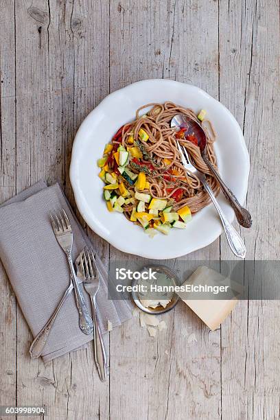 Spelt Spaghetti With Vegetables Stock Photo - Download Image Now - Ratatouille, Spaghetti, Biology