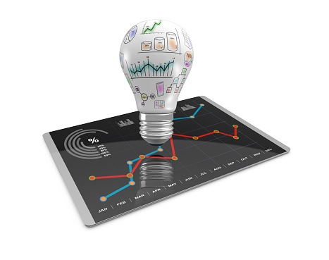 3D Illustration, Lightbulb ideas concept doodles, business charts on modern tablet computer