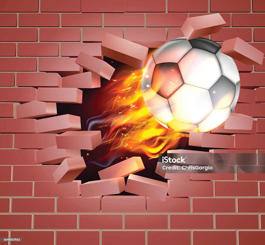 Flaming Soccer Football Ball Breaking Through Brick Wall An illustration of a burning flaming Soccer Football ball on fire tearing a hole through a brick wall Brick Wall stock vector