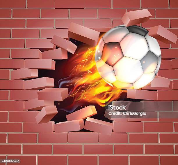 Flaming Soccer Football Ball Breaking Through Brick Wall Stock Illustration - Download Image Now