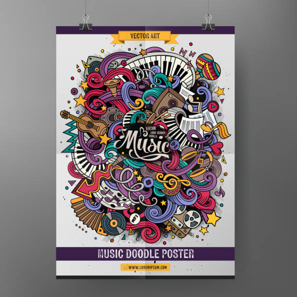 illustrazioni stock, clip art, cartoni animati e icone di tendenza di poster musicale di doodles dei cartoni animati - guitar celebration line art musical instrument