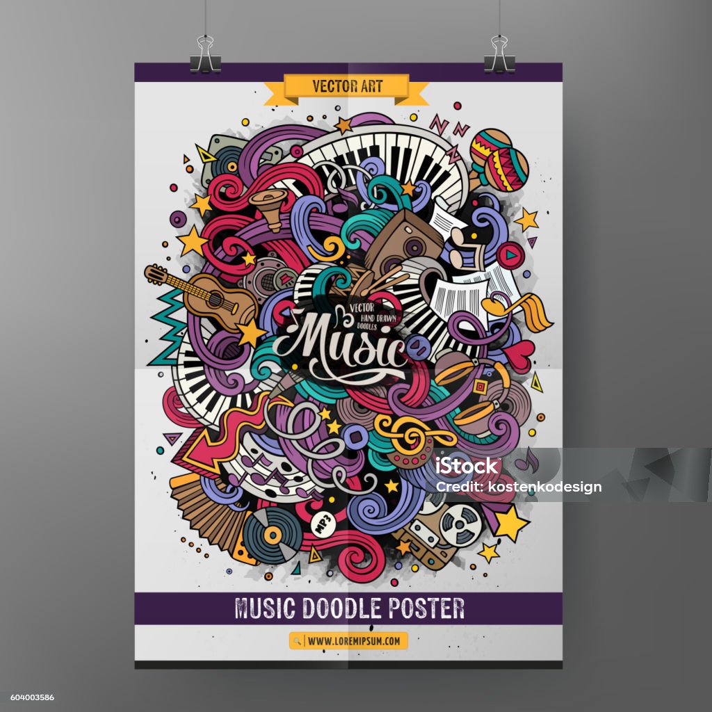 Cartoon doodles Musical poster Cartoon colorful hand drawn doodles musical poster template. Very detailed, with lots of music objects illustration. Funny vector artwork. Corporate identity design. Music stock vector