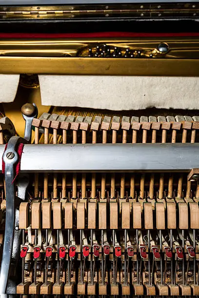 Photo of inside a piano, wooden parts, mechanisms closeup