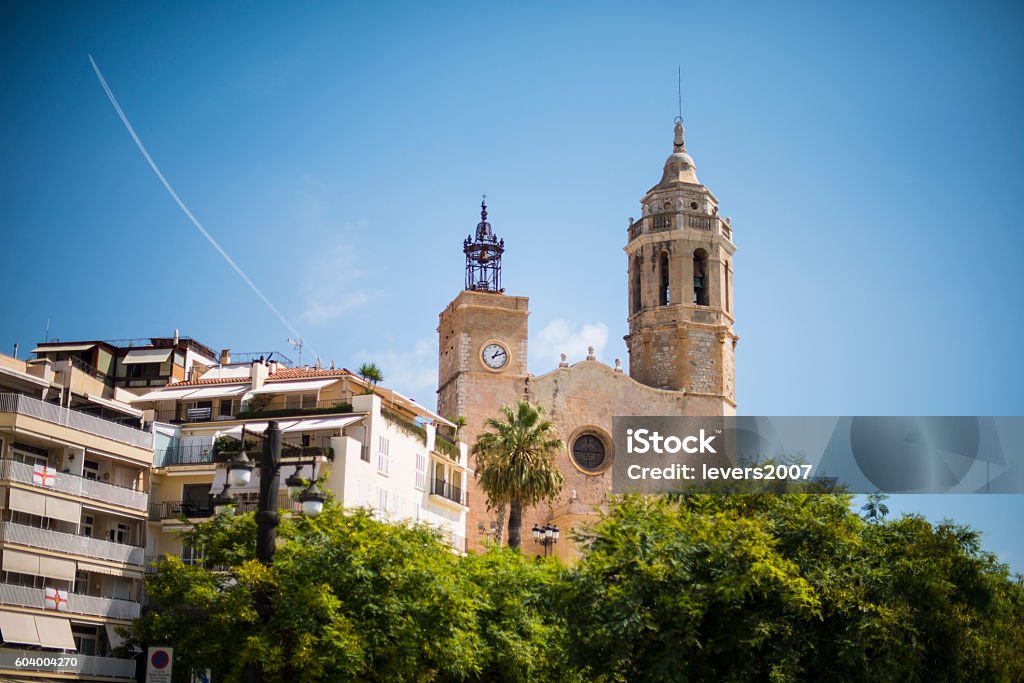 Sitges, Catalonia, Spain Sitges, Barcelona Province, Catalonia, Spain. 17th century church of Sant Bartomeu i Santa Tecla. Architecture Stock Photo