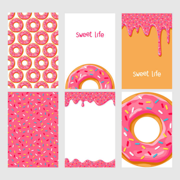 핑크 유약과 도넛 세트 - donut stock illustrations