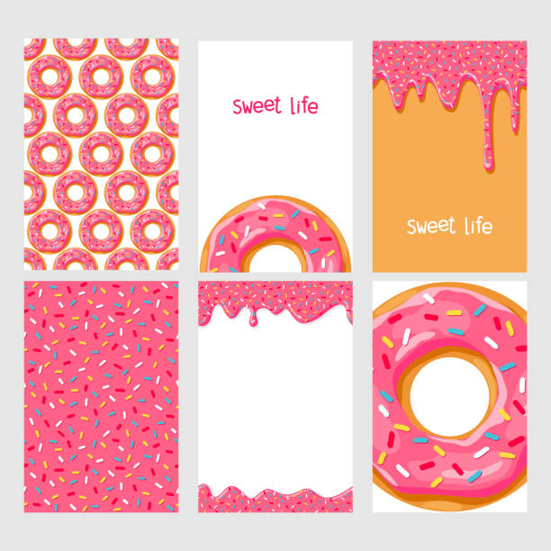 Set of donuts with pink glaze Set of bright food cards. Set of donuts with pink glaze. Donut seamless pattern.Donut background. Donut card.Donut poster. Donut's glaze pattern. Donut's glaze background Template for design donuts stock illustrations