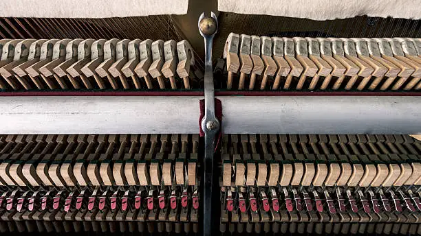 Photo of inside a piano, wooden parts, mechanisms closeup