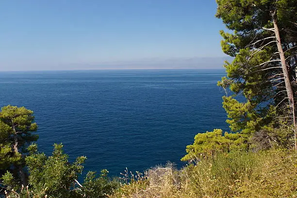 The view of the azure sea,blue sky,pine trees and rocky shores are a popular place for scuba diving and tourist centers in Montenegro, Petrovac